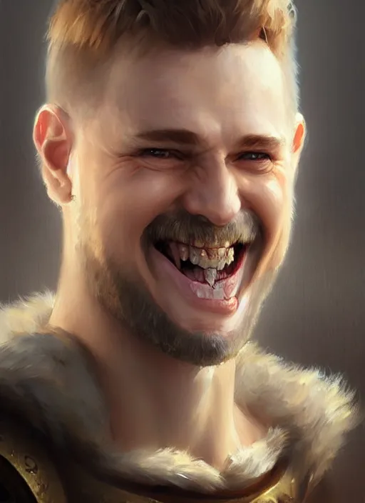 Image similar to a _ fantasy _ style _ portrait _ painting _ of white male short fringe light brown hair short face grinning, rpg dnd oil _ painting _ unreal _ 5 _ daz. _ rpg _ portrait _ extremely _ detailed _ artgerm _ greg _ rutkowski _ greg