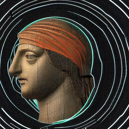 Image similar to a neon circle as a hat on a renaissance statue head, black background, ray tracing, 8 k resolution, sharp focus, hyper detailed, hyper realistic