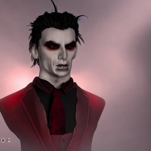 Image similar to a vampire, male, mid - 3 0 s aged, long black hair, clean shaven, dressed formally in red and black, high fantasy, realistic, highly detailed, 8 k.