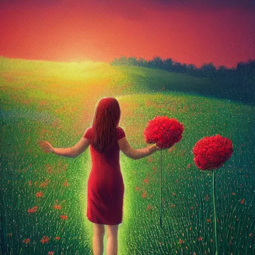 Prompt: giant red carnation head, full body, girl walking in the middle of a field with flowers, surreal photography, hills, sunrise dramatic light, impressionist painting, colorful clouds, digital painting, pointillism, artstation, simon stalenhag