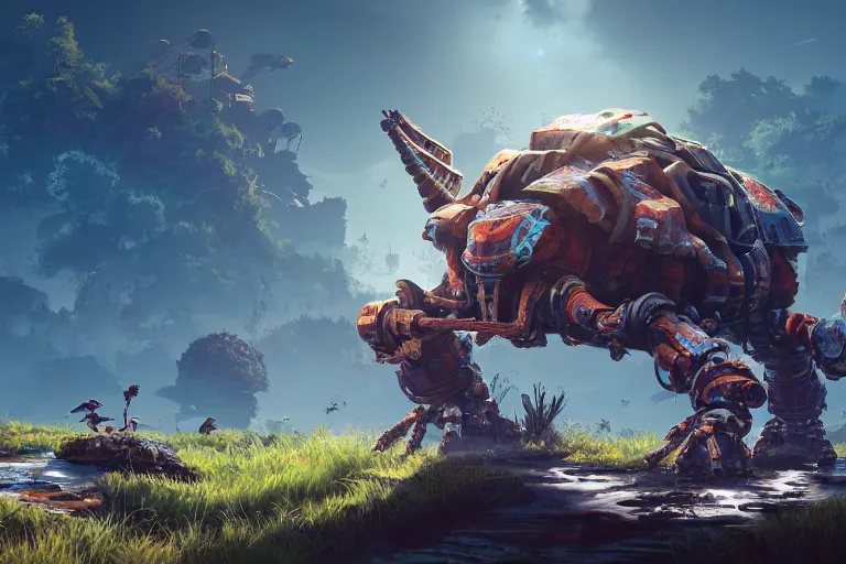 Prompt: shellsnapper machine mecanical creature robot of horizon forbidden west horizon zero dawn bioluminiscence global illumination ray tracing hdr fanart arstation by ian pesty and alena aenami artworks in 4 k