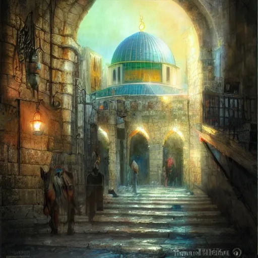 Image similar to the old city of jerusalem by raymond swanland, highly detailed, bright tones