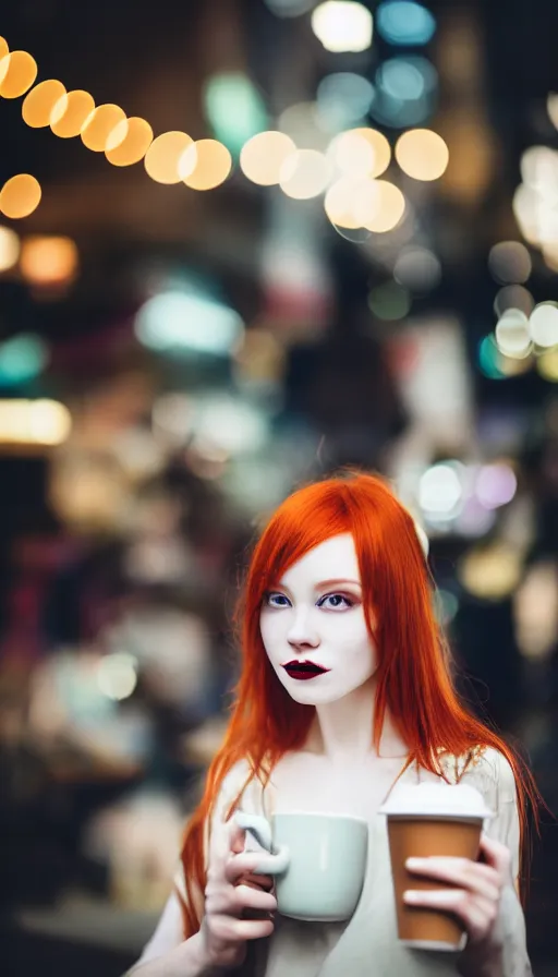 Prompt: Ultra detailed Hasselblad photo of a stunning pale gothic redhead woman sitting drinking a coffee at an aesthetic night market, large bokeh elements, 8k, perfect lighting, soft focus, high contrast