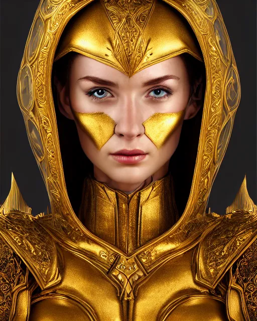 Image similar to matte painting portrait of woman in shining golden armor, high production value, intricate details, high resolution, hdr, high definition, masterpiece, realistic, ultrarealistic, highly detailed, hd, sharp focus, non blurry, sharp, smooth