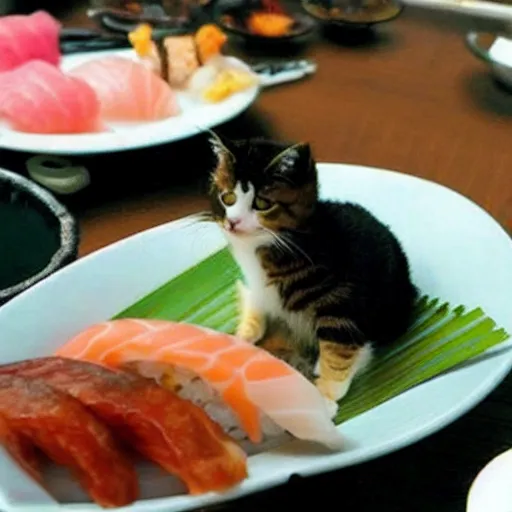 Image similar to realistic photo of a cute cat eating sushi