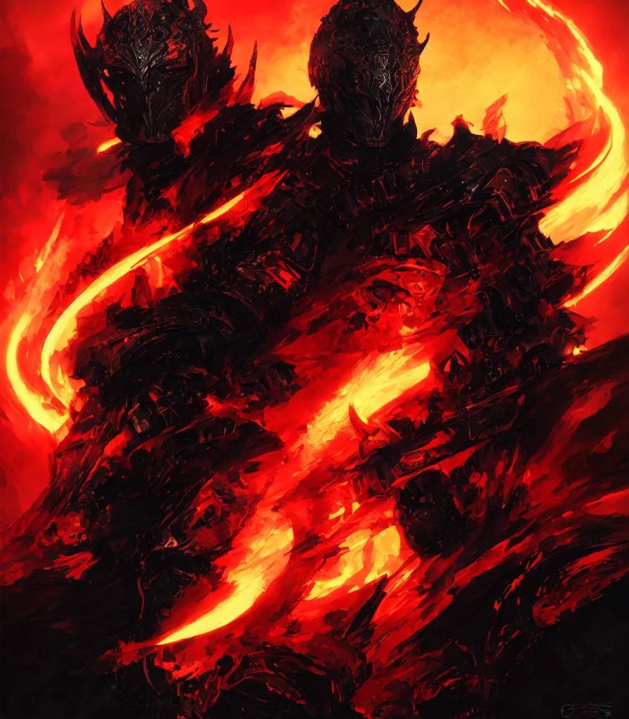 Prompt: a hellish knight paladin, black armor, bright flames, flowing backlit hair, beautifully designed character, award winning collaborative painting by geg ruthowski, alphonse murac, craig mullins, ruan jia, wlop, yoji shinkawa, collaborative artwork, exquisitely high quality and detailed