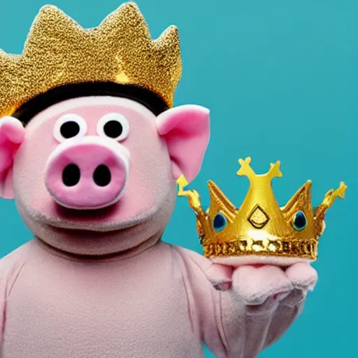 Image similar to pig wearing a gold crown as a Muppet holding a bowl 8k