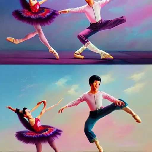 Image similar to a beautiful scenic painting of young jackie chan dancing ballet, by artgerm and wlop and wes anderson and spike jonze