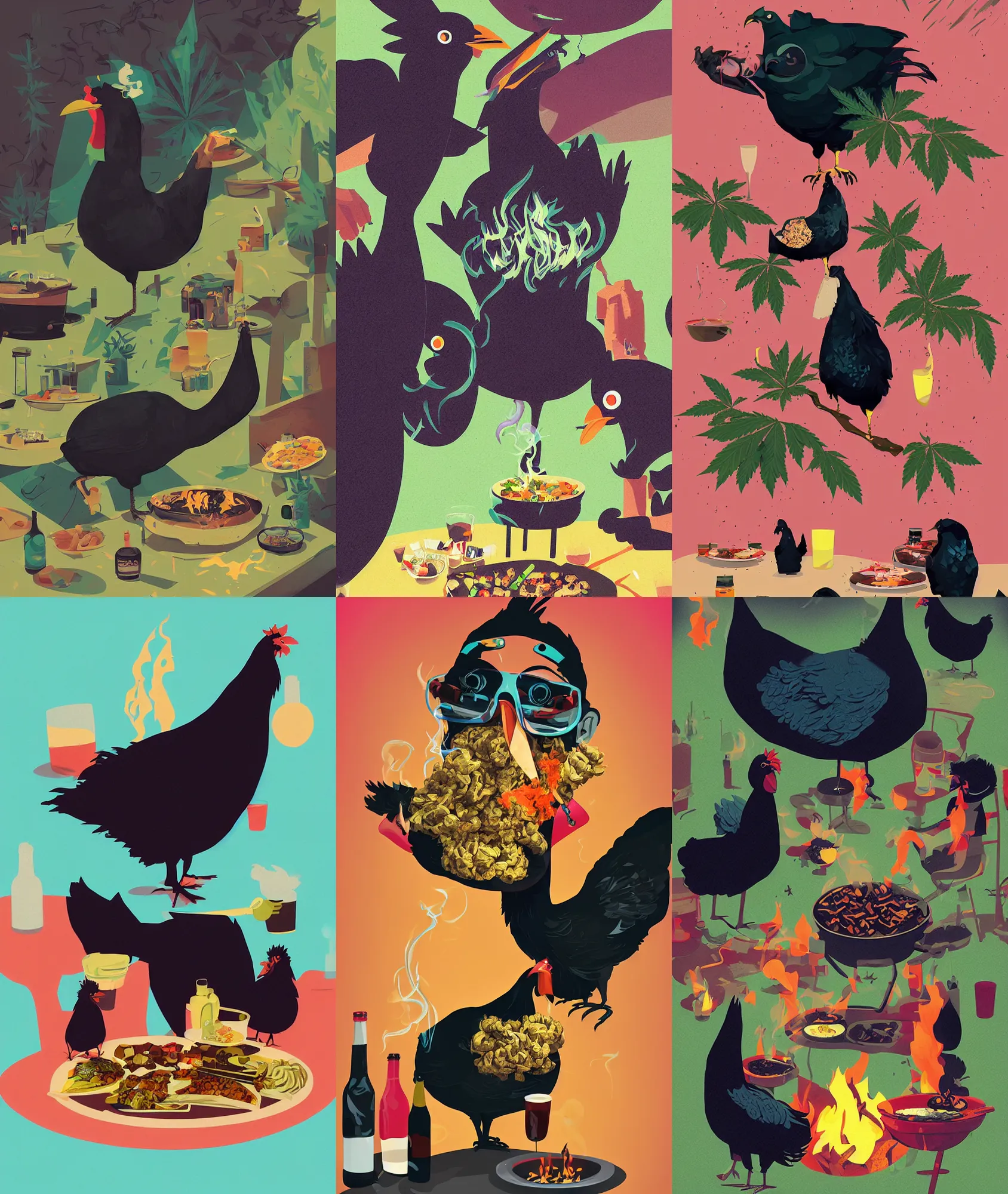 Prompt: black chicken smoking cannabis at a bbq party artwork of James Gilleard