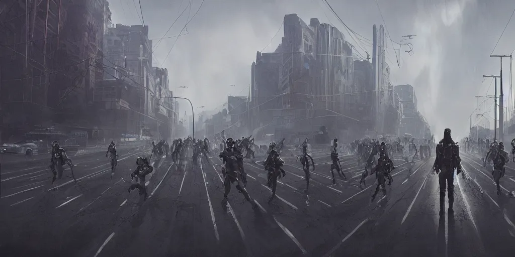 Image similar to cinematic wide angle view of a dystopian instagram influencer parade through the streets los angeles being worshipped by shadow figures, orwellian, by neil blevins, by killian eng, high detail, digital painting, minimalist art style, death stranding art style, cinematic lighting, artstation, cgsociety, 3 5 mm film grain