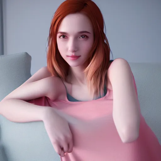 Image similar to 3 d render of a cute thin young woman, red blush, wearing casual clothes, small smile, relaxing on a couch, cuddling up under a blanket cozy living room, medium shot, 8 k, octane render, trending on artstation, art by artgerm, unreal engine 5, hyperrealism, hyperdetailed, ultra realistic