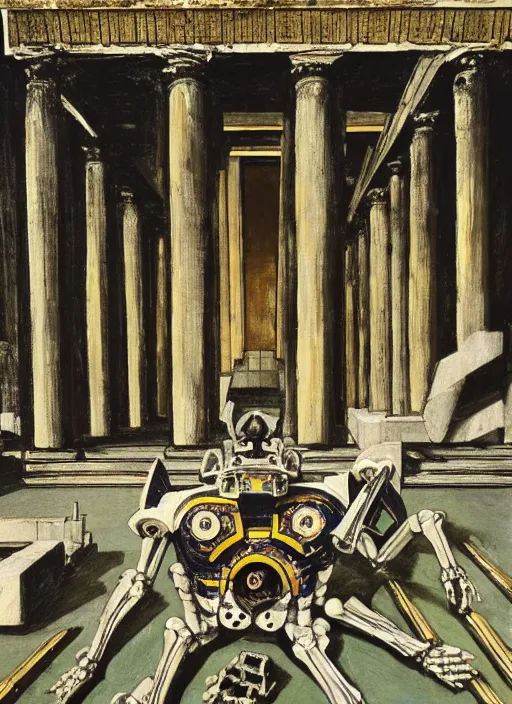 Prompt: a mecha robot inside a Greek temple filled with bones, Greek temple, Daguerrotype, Francis Bacon Painting