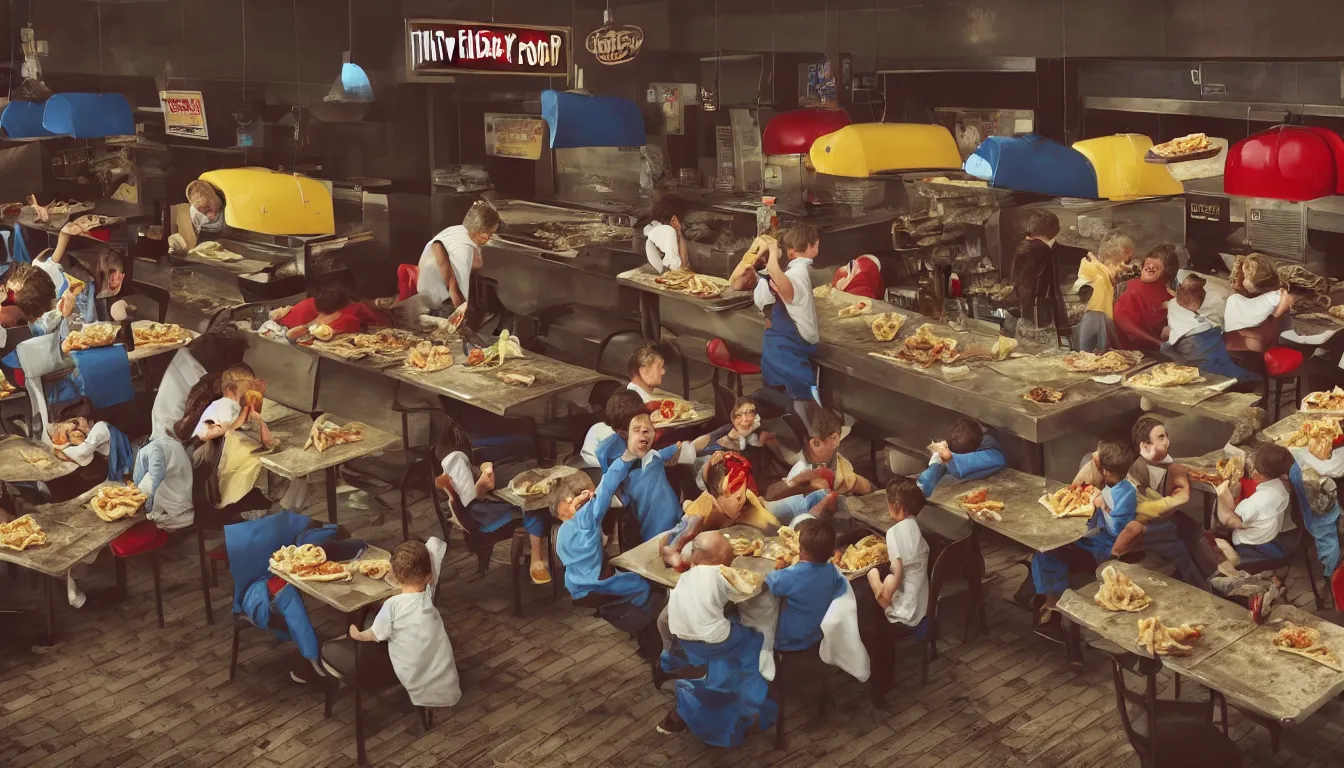 Prompt: in a dirty fast food restaurant disheveled children in rags obese men in suits and old people fighting over piles half eaten rotting fast food, money floats in the air, hyper realistic photo, full colour, upscale, 8 k, masterpiece,