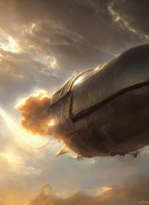 Image similar to airship flying through the clouds, volumetric light rays painted by raymond swanland