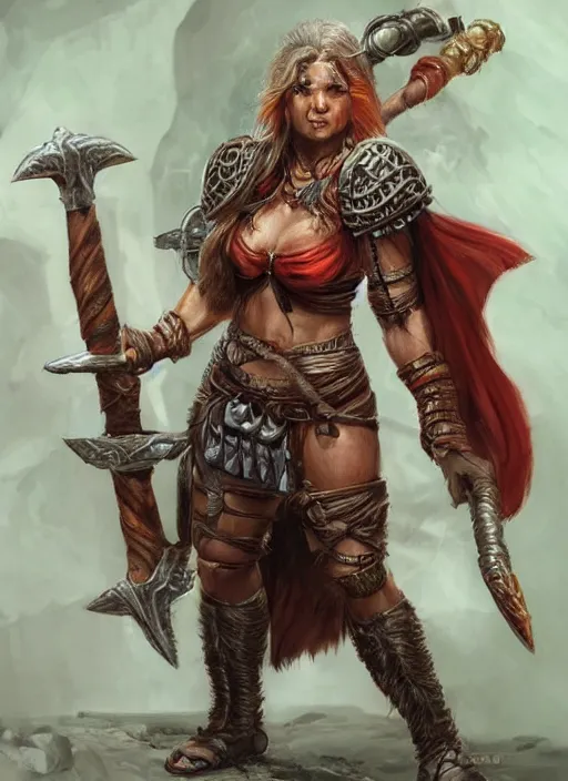 Image similar to angry female barbarian, ultra detailed fantasy, dndbeyond, bright, colourful, realistic, dnd character portrait, full body, pathfinder, pinterest, art by ralph horsley, dnd, rpg, lotr game design fanart by concept art, behance hd, artstation, deviantart, hdr render in unreal engine 5