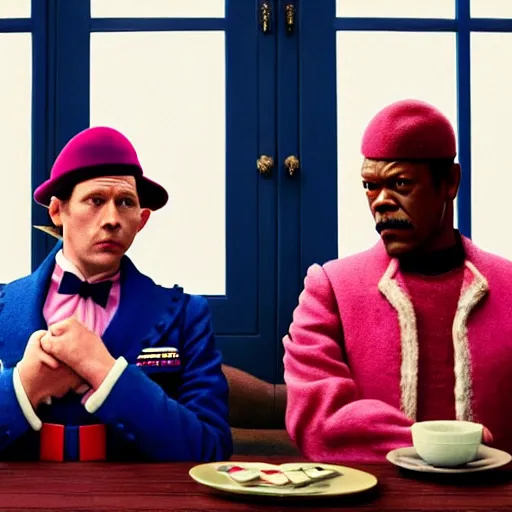 Image similar to film by wes anderson, the grand budapest hotel style, pulp fiction movie, highly detailed, photorealistic, full - body, samuel l jackson posing in cafe, perfect symmetrical eyes, 8 k resolution, digital art, hyper realistic