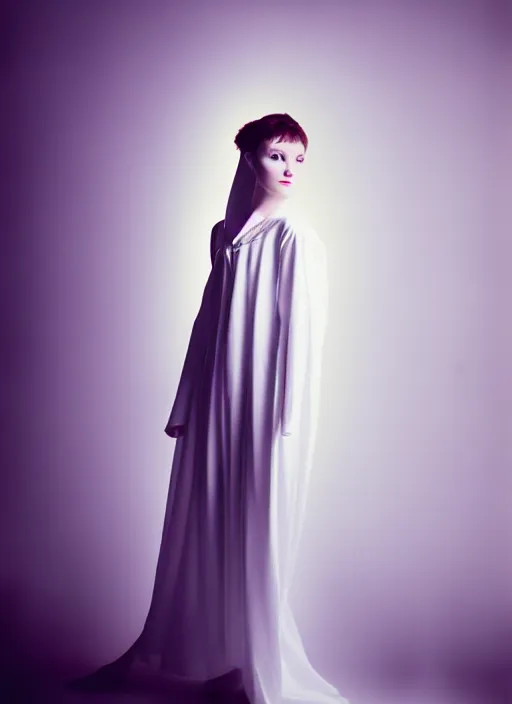 Image similar to kodak portra 4 0 0 photo portrait of a beautiful woman dressed in long white, fine art photography light painting in style of paolo roversi, professional studio lighting, dark dramatic background, hyper realistic photography, fashion magazine style