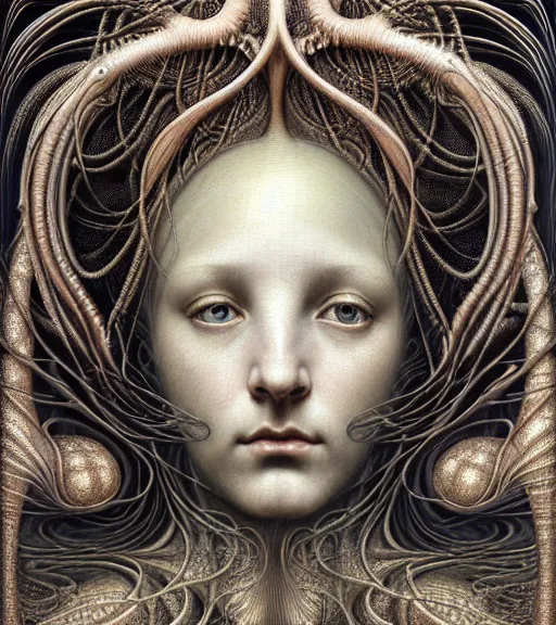 Image similar to detailed realistic beautiful radiant goddess face portrait by jean delville, gustave dore, iris van herpen and marco mazzoni, art forms of nature by ernst haeckel, art nouveau, symbolist, visionary, gothic, neo - gothic, pre - raphaelite, fractal lace, intricate alien botanicals, biodiversity, surreality, hyperdetailed ultrasharp octane render