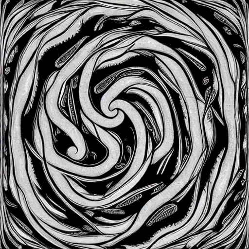 Prompt: a whirlpool of eels by mc escher, black and white, highly detailed, symmetric