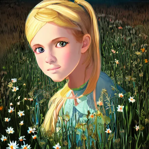 Image similar to young blonde pioneer girl in a meadow, portrait, anime style