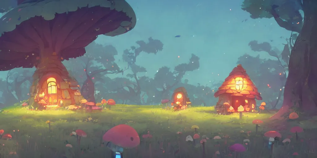 Prompt: small fairy mushroom house, by cory loftis & akihiko yoshida & james gilleard & atey ghailan & makoto shinkai & goro fujita & studio ghibli, rim light, exquisite lighting, clear focus, magic atmosphere, lights, night, very coherent, plain background, soft painting