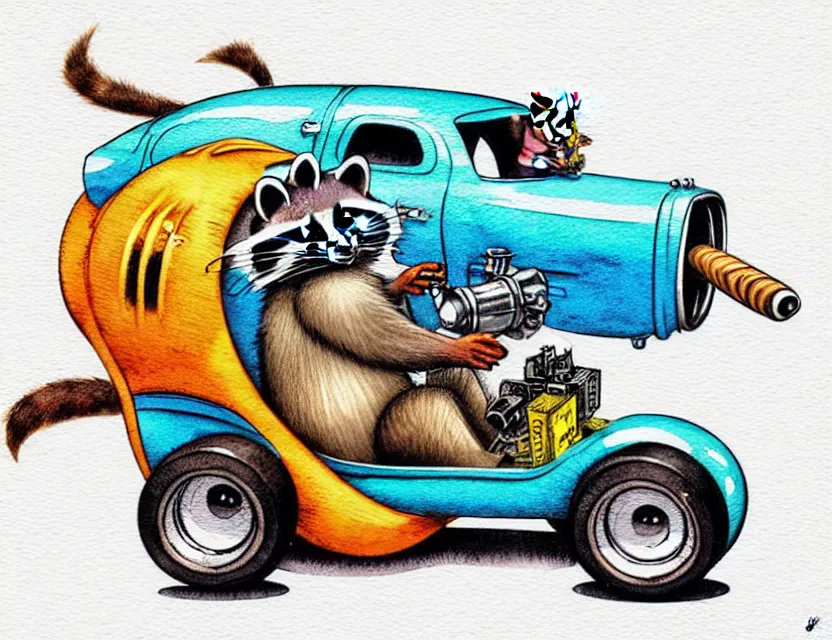 Prompt: cute and funny,'racoon smoking a cigar'riding in a tiny hot rod with oversized engine, ratfink style by ed roth, centered award winning watercolor pen illustration, isometric illustration by chihiro iwasaki, edited by range murata, tiny details by artgerm and watercolor girl, symmetrically isometrically centered