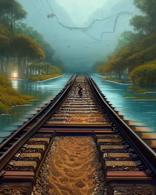 Prompt: train tracks stretching out toward the horzon that are slightly submerged under a wide pool of water, intricate, elegant, highly detailed, digital painting, artstation, concept art, smooth, sharp focus, illustration, art by artgerm and greg rutkowski and fra angelico