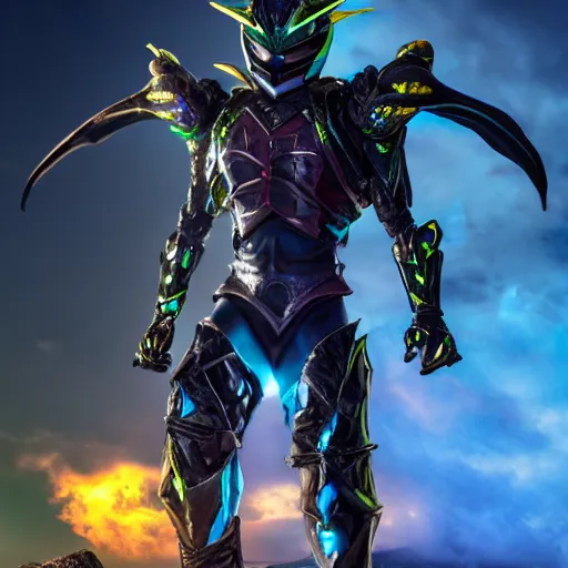 Prompt: High Fantasy Kamen Rider standing in a rock quarry, full body, 4k, glowing eyes, daytime, rubber suit, dark blue segmented armor, dragon inspired armor, centered in frame, promotional picture