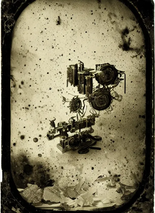 Image similar to old wetplate daguerreotype portrait of the birth of a genius artist, explosion of data fragments, fractal, intricate, elegant, highly detailed, parallax, leica, medium format, subsurface scattering, by jheronimus bosch and greg rutkowski and louis jacques mande daguerre