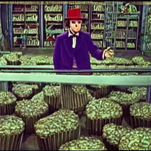 Image similar to security cam footage still of Willy Wonka in his Chocolate Factory