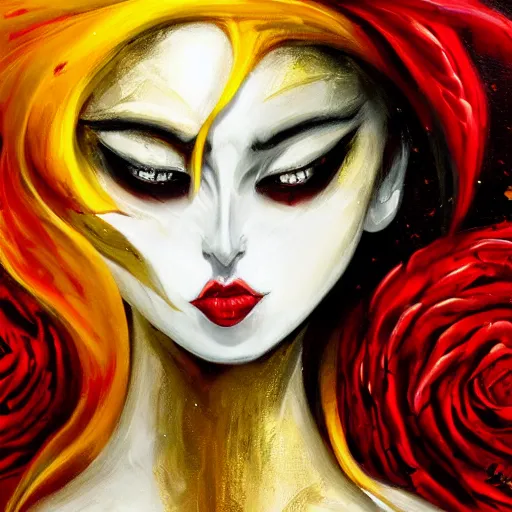 Prompt: red like roses fills my dreams and brings me to the place you rest. | white is cold and always yearning, burdened by a royal test. | black the beast descends from shadows. | yellow beauty burns gold. abstract oil painting. beautiful woman. fantasy. concept art. rwby. highly detailed and colorful.