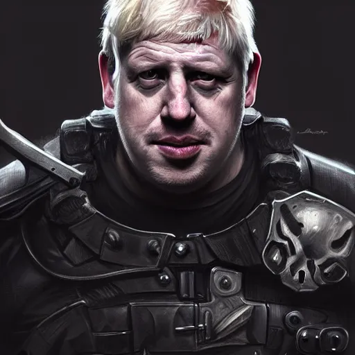 Image similar to Boris Johnson as Punisher, armor plate, realistic portrait, symmetrical, highly detailed, digital painting, artstation, concept art, smooth, sharp focus, illustration, cinematic lighting, art by artgerm and greg rutkowski and alphonse mucha