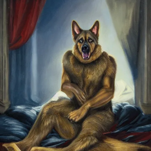 Prompt: a oil painting of a humanoid german shepherd beast - man, wearing military outfit, sitting on the carpeted floor beside a bed