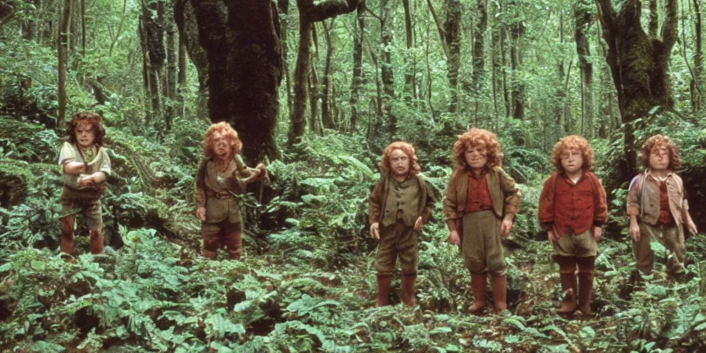 Image similar to A full color still from a Stanley Kubrick film featuring four hobbits in a forest, 35mm, 1975