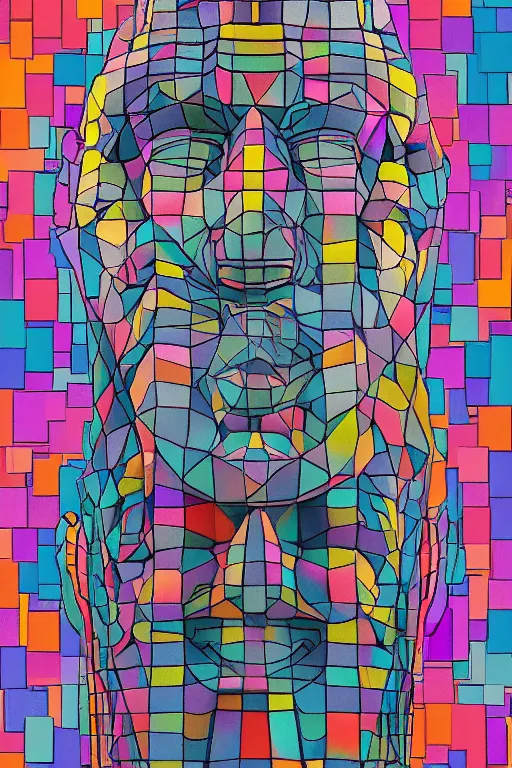 Image similar to cubist moai statue cutout digital illustration cartoon colorful beeple