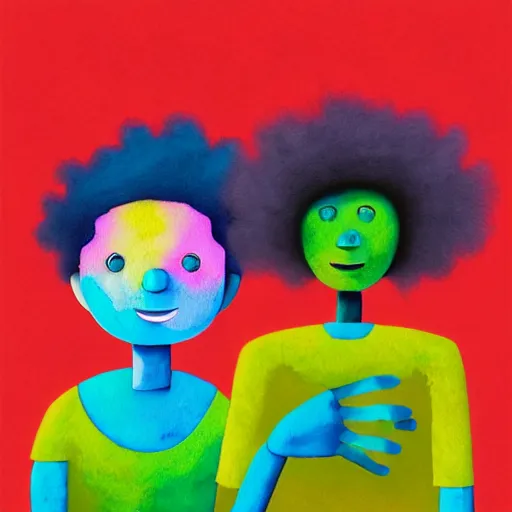 Image similar to a black girl with a colorful afro and rainbow eyes building a robot, bright colours, bokeh!! watercolor, volumetric wool felting, macro photography, children illustration, by goro fujita