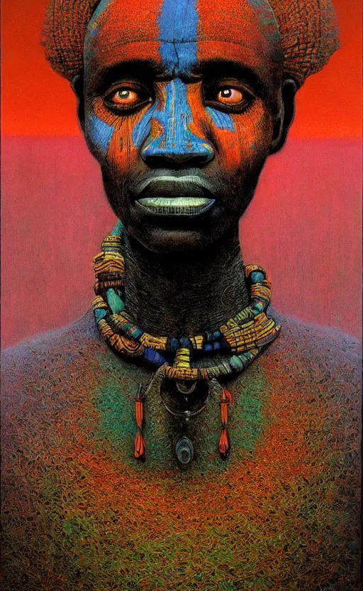 Image similar to portrait of african tribal chief, symmetrical, dramatic lighting, colourful, art by zdzislaw beksinski,