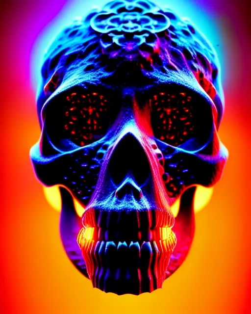 Image similar to 3 d ornate carved dark cosmic skull with profile portrait, sigma 5 0 0 mm f / 5. beautiful intricate highly detailed aquarium bioluminescent, plasma, lava, ice, water, wind, creature, thunderstorm! artwork by tooth wu and wlop and beeple and greg rutkowski, 8 k trending on artstation