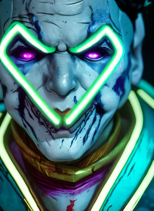 Image similar to glowwave portrait of joker from borderlands 3, au naturel, hyper detailed, digital art, trending in artstation, cinematic lighting, studio quality, smooth render, unreal engine 5 rendered, octane rendered, art style by klimt and nixeu and ian sprigger and wlop and krenz cushart.