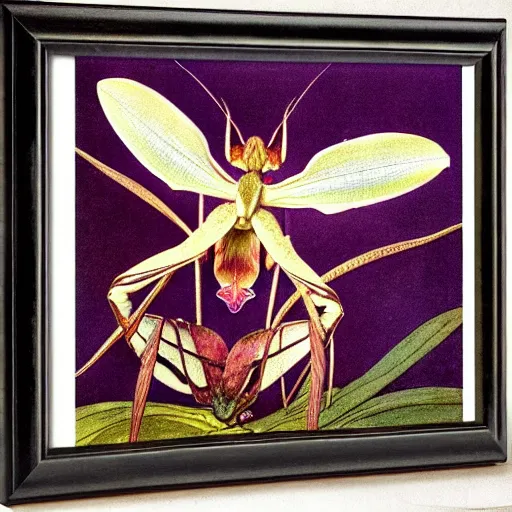 Prompt: potrait of an orchid mantis by William Morris and Carlos Schwabe, horizontal symmetry, exquisite fine details, Art Nouveau botanicals, deep rich moody colors