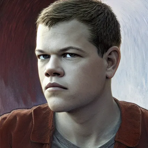 Prompt: Young Matt Damon, highly detailed, digital painting, artstation, concept art, smooth, sharp focus, illustration, ArtStation, art by artgerm and greg rutkowski and alphonse mucha and J. C. Leyendecker and Edmund Blair Leighton and Katsuhiro Otomo and Geof Darrow and Phil hale and Ashley wood and Ilya repin and Charlie Bowater