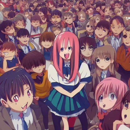 Prompt: cute anime girl surrounded by crowd of human boys