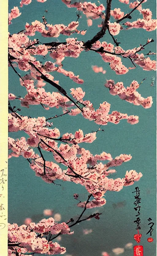 Image similar to by akio watanabe, manga art, blossoming sakura petals and white sky, trading card front, sun in the background