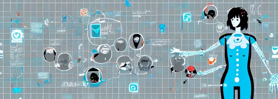 Image similar to pattern of anthropomorphic social anime female accompanying artificial intelligence blueprint