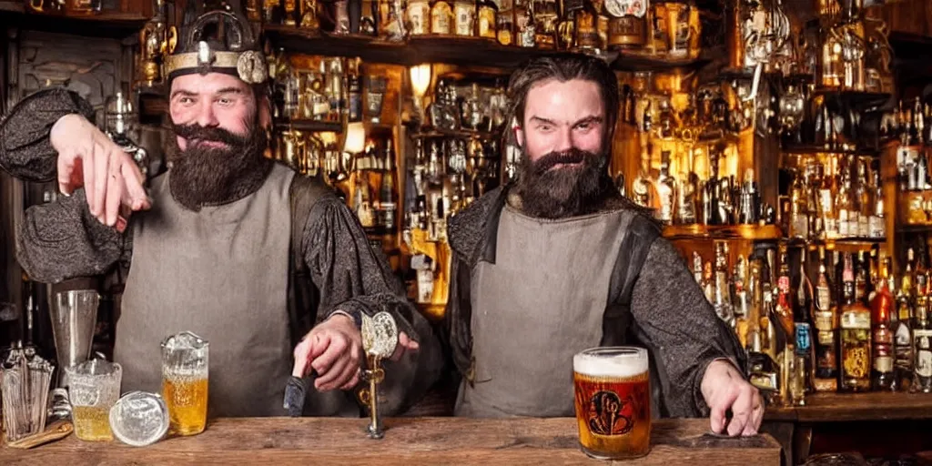 Prompt: medieval barkeep serving up ale, fantasy, cheery, moustache, realistic still