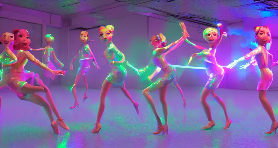 Prompt: dancing holographic girls, in the style of Pixar animation, low angle view, 16mm lens, award winning, hyper detailed, dramatic lighting, artstation, octane renderer, unreal engine