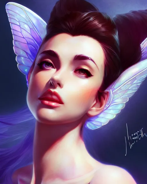 Prompt: 3 / 4 view of a woman with fairy wings, confident pose, pixie character, video game genshin impact, james dean, elegant, sharp focus, illustration, highly detailed, concept art, matte, magali villeneuve, artgerm, anime, trending on artstation