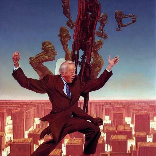 Image similar to immense, majestic, surreal, terrifying joe biden crushing buildings under his heel, perfectly clear face, by j. c. leyendecker and beksinski