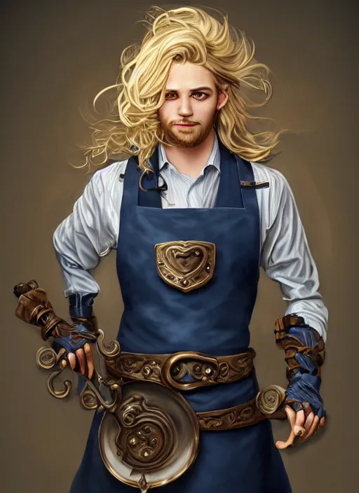 Image similar to a highly detailed illustration of long wavy bright blonde haired effeminate boy wearing blue blacksmith apron and iron mechanical arms, blue eyes, dramatic smiling pose, perfect face, symmetrical eyes, intricate, elegant, highly detailed, centered, digital painting, artstation, concept art, smooth, sharp focus, league of legends concept art, wlop