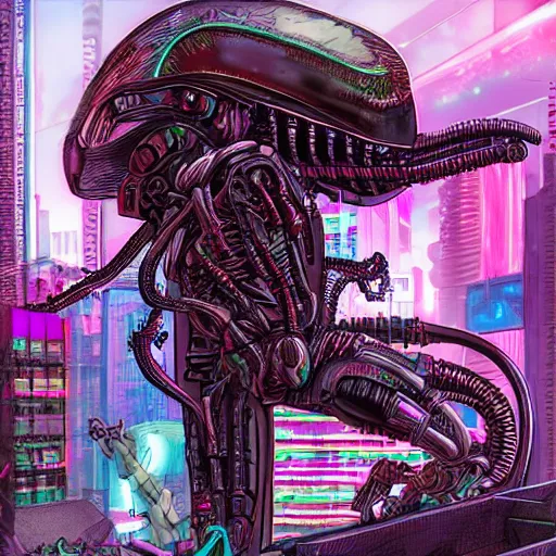 Prompt: cyberpunk tacos, vaporwave, highly detailed, frostpunk, tacopunk, biomechanical style, xenomorph style